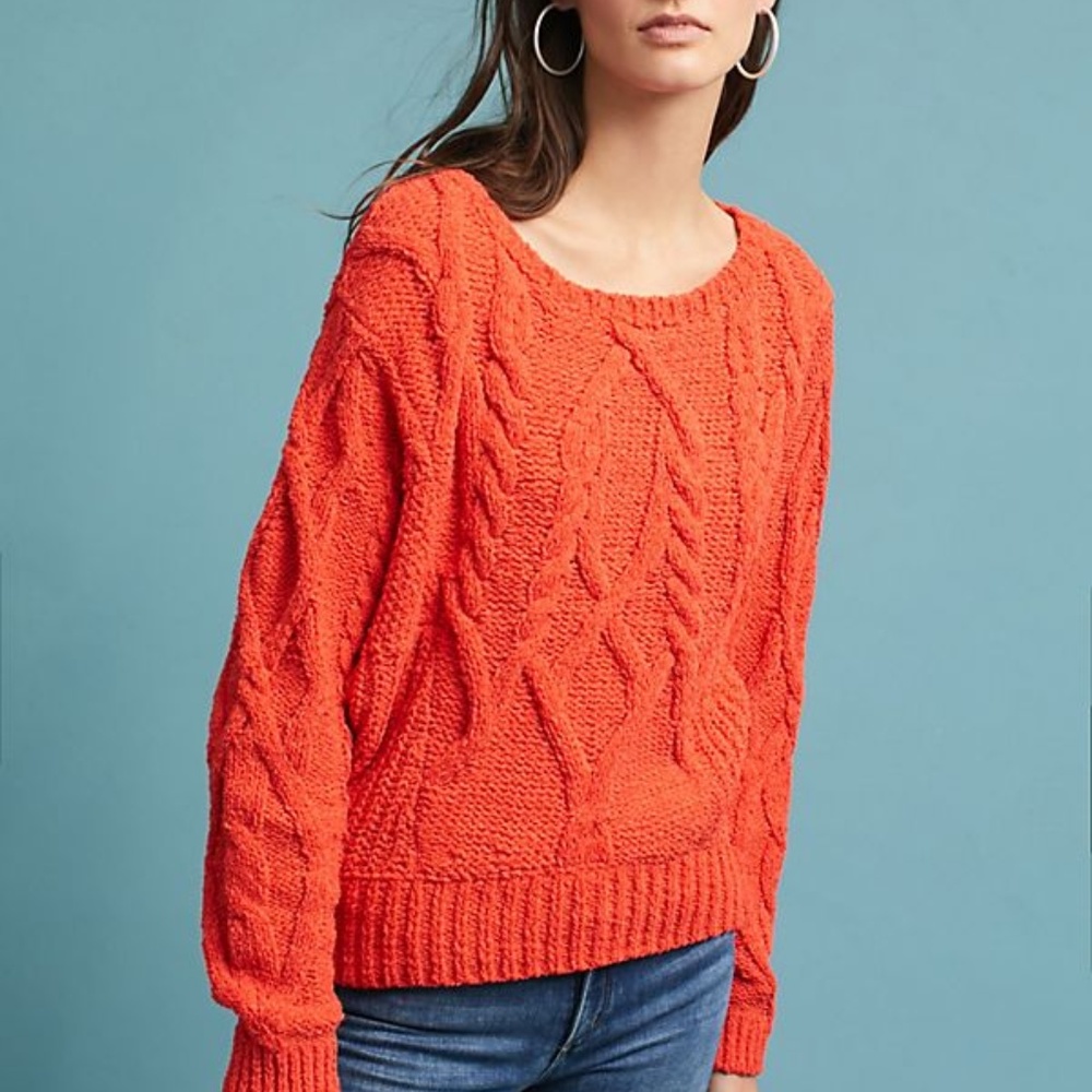 Anthropologie Orange Cable Knit Chenille Sweater